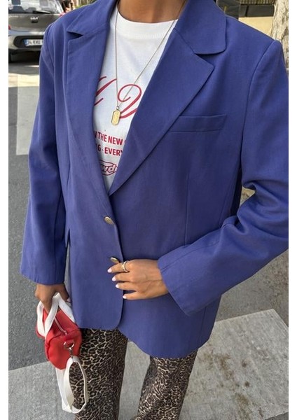 Uzun Kollu ve Düğme Kapamalı Kruvaze Yakalı Oversize Blazer Kadın Keten Ceket Indigo modelleri