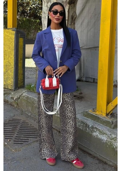 Uzun Kollu ve Düğme Kapamalı Kruvaze Yakalı Oversize Blazer Kadın Keten Ceket Indigo fırsatları