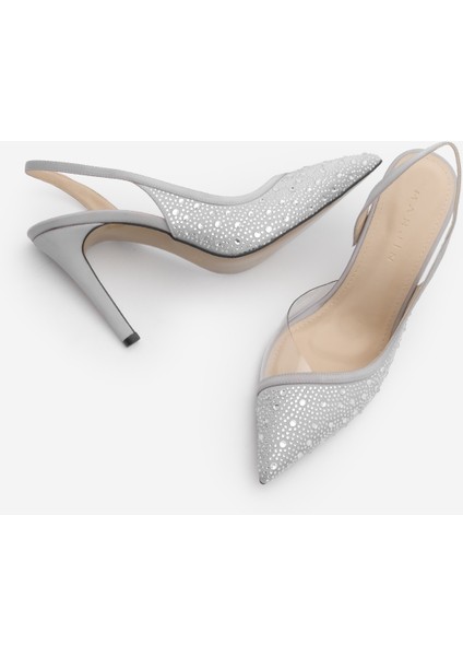 Kadın Stiletto Sivri Burun Taşlı Arkası Açık Atkılı Topuklu Ayakkabı Esolo