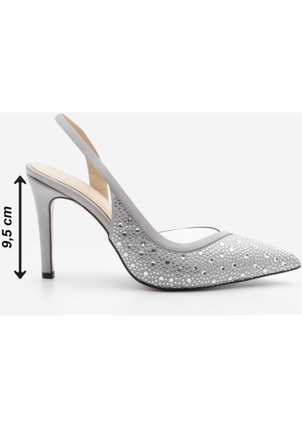 Kadın Stiletto Sivri Burun Taşlı Arkası Açık Atkılı Topuklu Ayakkabı Esolo
