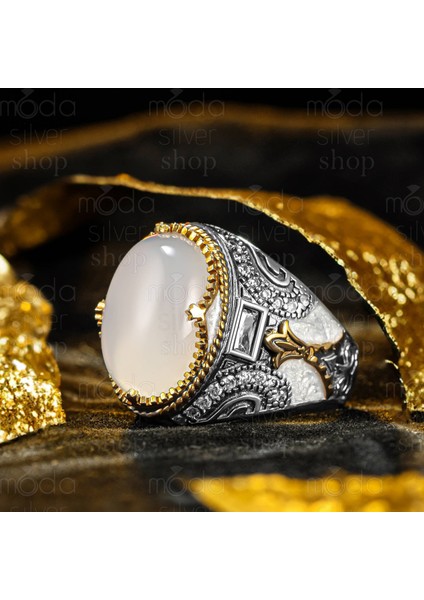 925 Ayar Gümüş Beyaz Akik Taşlı Mineli Erkek Yüzük