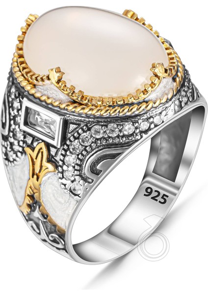 925 Ayar Gümüş Beyaz Akik Taşlı Mineli Erkek Yüzük fiyatları