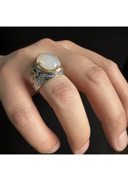 925 Ayar Gümüş Beyaz Akik Taşlı Mineli Erkek Yüzük modelleri