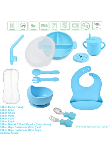 Silikon Beslenme Seti / Vakumlu, Kapaklı Silikon Mama Tabağı, Kase, Çatal, Kaşık, Pipet, Önlük, Pipetli Bardak, Çerez Kapağı, Paslanmaz Çelik Çatal ve Kaşık, Saklama Kutusu / Mavi Renk