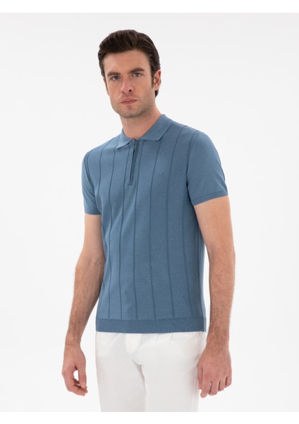 Erkek Indigo Slim Fit Nervürlü Fermuarlı Polo Yaka Triko T-Shirt 50309871-VR028