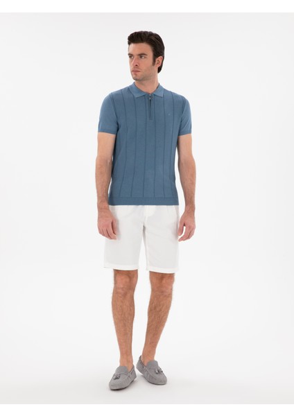 Erkek Indigo Slim Fit Nervürlü Fermuarlı Polo Yaka Triko T-Shirt 50309871-VR028 fırsatları
