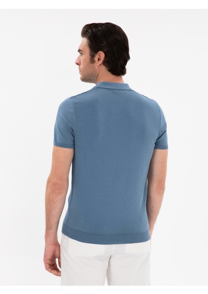 Erkek Indigo Slim Fit Nervürlü Fermuarlı Polo Yaka Triko T-Shirt 50309871-VR028 indirimleri