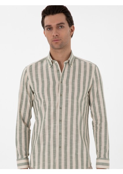 Erkek Haki Slim Fit Çizgili Pamuklu Gömlek 50311079-VR027 modelleri