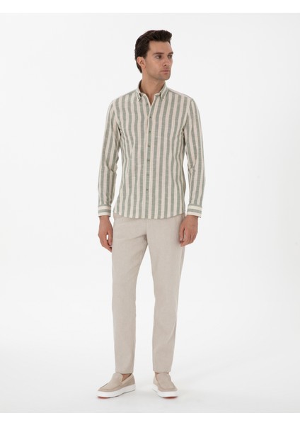 Erkek Haki Slim Fit Çizgili Pamuklu Gömlek 50311079-VR027 fırsatları