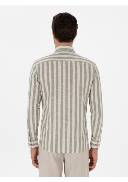 Erkek Haki Slim Fit Çizgili Pamuklu Gömlek 50311079-VR027 indirimleri