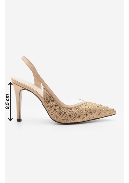 Kadın Stiletto Sivri Burun Taşlı Arkası Açık Atkılı Topuklu Ayakkabı Esolo