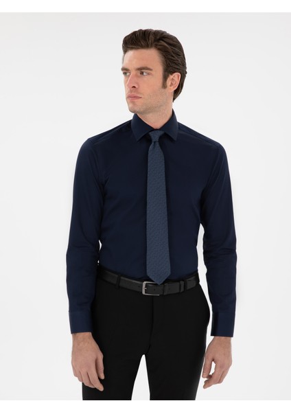 Erkek Lacivert Slim Fit Pamuklu Yarım Italyan Yaka Basic Gömlek 50311490-VR033