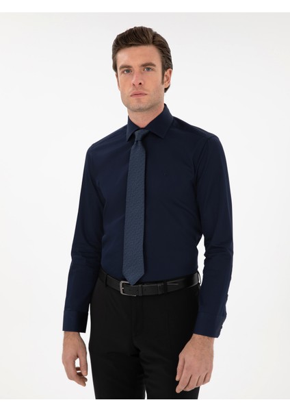 Erkek Lacivert Slim Fit Pamuklu Yarım Italyan Yaka Basic Gömlek 50311490-VR033 modelleri