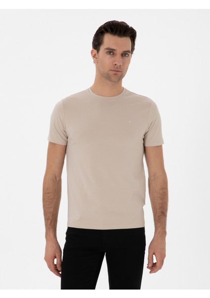 Erkek Vizon Slim Fit Bisiklet Yaka %100 Pamuk Basic T-Shirt 50310013-VR052