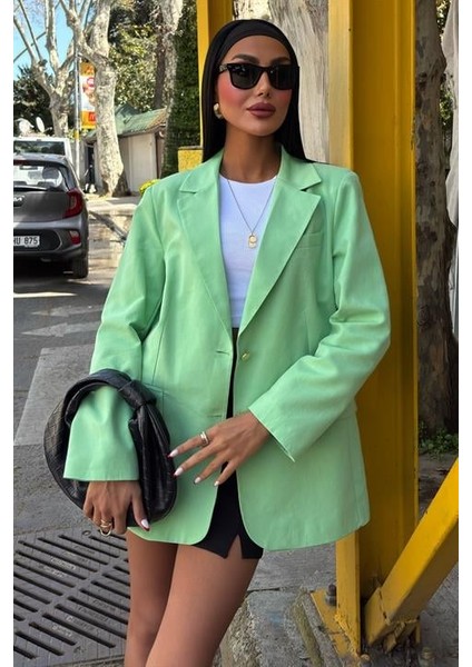 Uzun Kollu ve Düğme Kapamalı Kruvaze Yakalı Oversize Blazer Kadın Keten Ceket Mint Yeşili