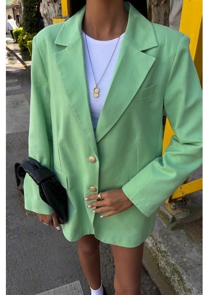 Uzun Kollu ve Düğme Kapamalı Kruvaze Yakalı Oversize Blazer Kadın Keten Ceket Mint Yeşili fiyatları