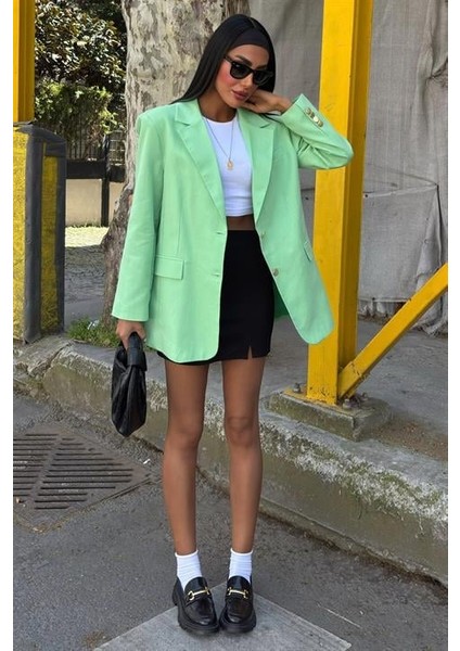 Uzun Kollu ve Düğme Kapamalı Kruvaze Yakalı Oversize Blazer Kadın Keten Ceket Mint Yeşili fırsatları