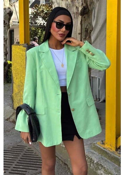 Uzun Kollu ve Düğme Kapamalı Kruvaze Yakalı Oversize Blazer Kadın Keten Ceket Mint Yeşili indirimleri