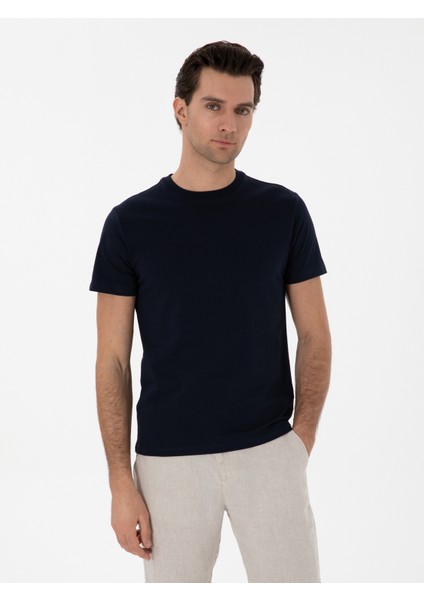 Erkek Lacivert Slim Fit Bisiklet Yaka Pamuk Basic T-Shirt 50310023-VR033