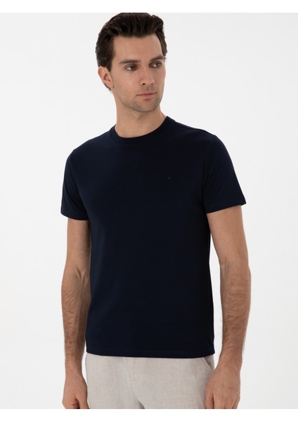 Erkek Lacivert Slim Fit Bisiklet Yaka Pamuk Basic T-Shirt 50310023-VR033