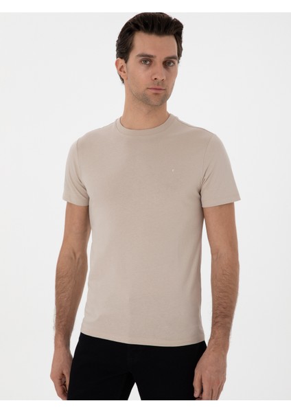 Erkek Vizon Slim Fit Bisiklet Yaka Pamuk Basic T-Shirt 50310023-VR052