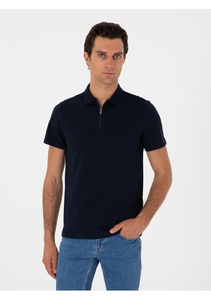 Erkek Lacivert Slim Fit %100 Pamuk Fermuarlı Polo Yaka T-Shirt 50310032-VR033