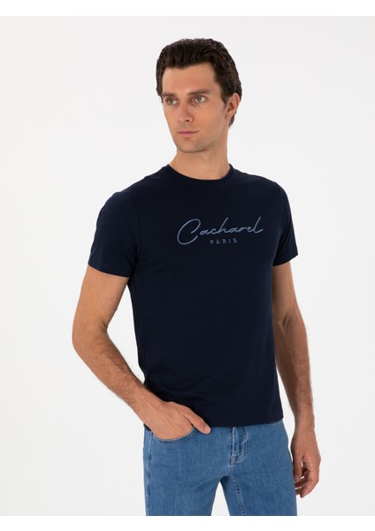 Erkek Lacivert Slim Fit Bisiklet Yaka T-Shirt 50310035-VR033