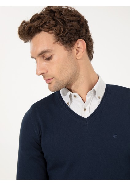 Erkek Lacivert Slim Fit V Yaka Basic Triko Kazak 50231721-VR033