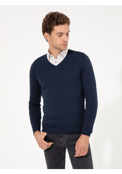Erkek Lacivert Slim Fit V Yaka Basic Triko Kazak 50231721-VR033