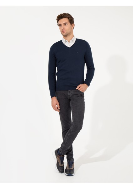 Erkek Lacivert Slim Fit V Yaka Basic Triko Kazak 50231721-VR033