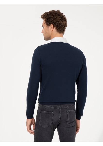 Erkek Lacivert Slim Fit V Yaka Basic Triko Kazak 50231721-VR033