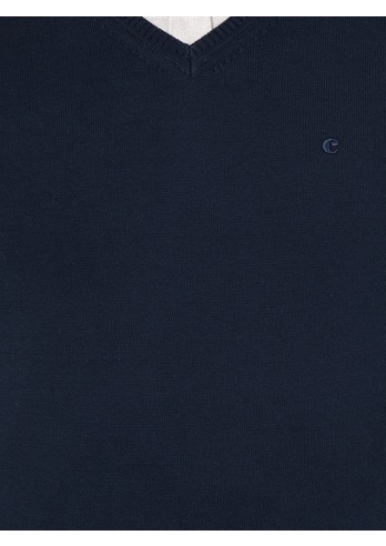 Erkek Lacivert Slim Fit V Yaka Basic Triko Kazak 50231721-VR033