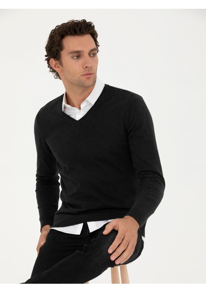 Erkek Antrasit Melanj Slim Fit V Yaka Basic Triko Kazak 50231721-VR081