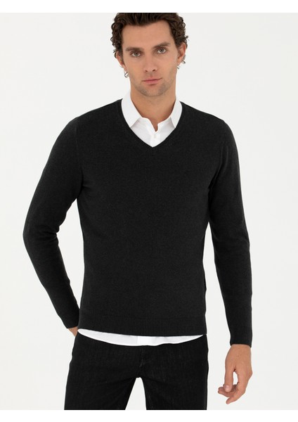 Erkek Antrasit Melanj Slim Fit V Yaka Basic Triko Kazak 50231721-VR081