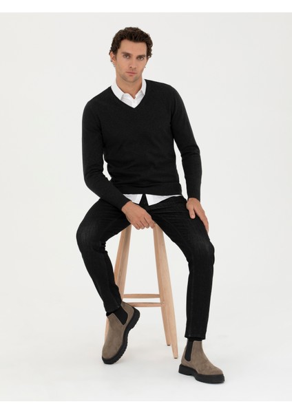 Erkek Antrasit Melanj Slim Fit V Yaka Basic Triko Kazak 50231721-VR081