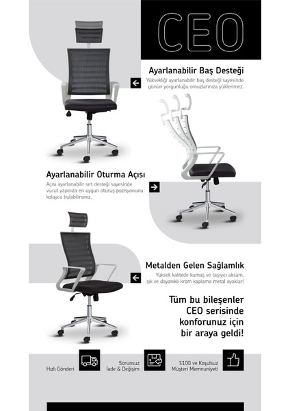 Ceo Fileli Başlıklı Metal Ayaklı Çalışma Koltuğu Ofis Sandalyesi