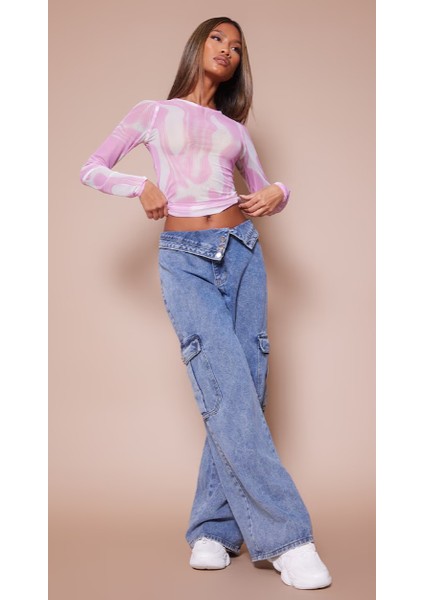 Kadın Pembe Baskılı File Panelli Tül Bluz fiyatları