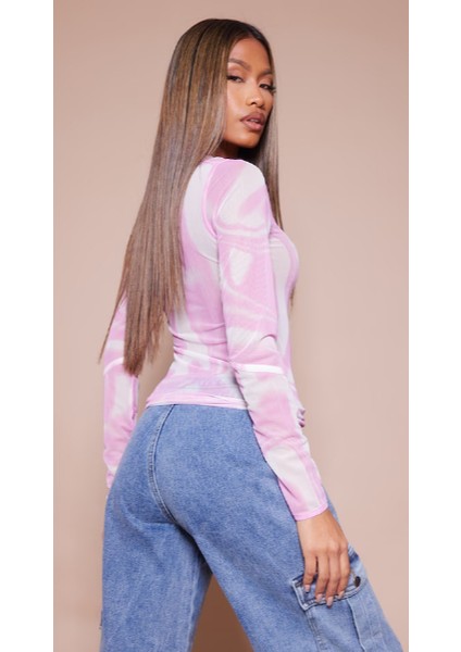 Kadın Pembe Baskılı File Panelli Tül Bluz modelleri