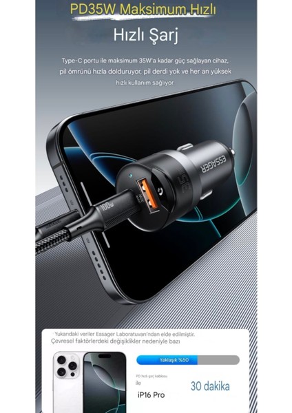 CC20 Bluetooth 5.3 Araç Kiti+35W Pd Hızlı Araç Şarjı 3.5mm Aux Kablo 2'si 1'Arada Ce Lisanslı Yeni Nesil Son Nesil Teknoloji