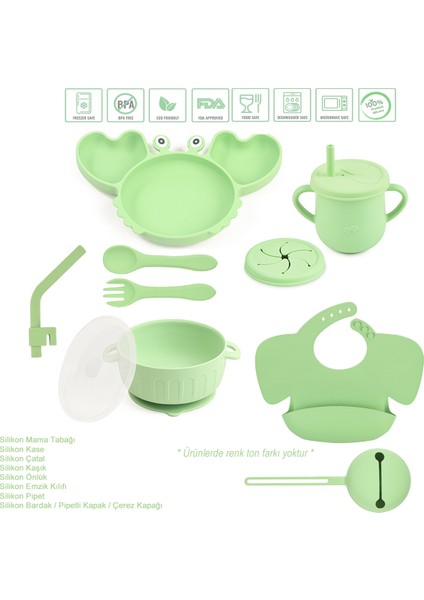 Silikon Beslenme Seti, Kapaklı Vakumlu Mama Tabağı Ve Kase, Silikon Önlük, Bardak Ve Kaşık(YEŞİL)