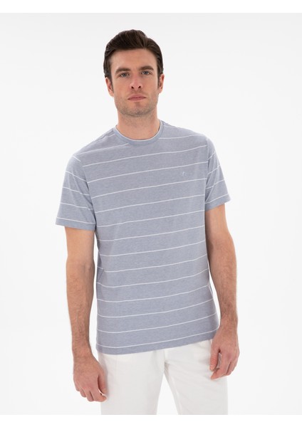 Erkek Beyaz Regular Fit Bisiklet Yaka Çizgili T-Shirt 50301352-VR036