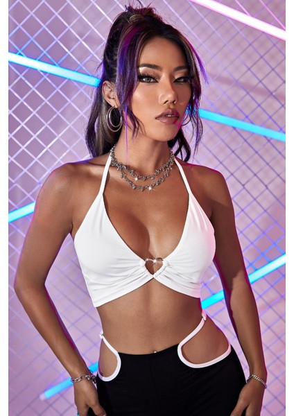 Şık Kalp Aksesuarlı Crop Büstiyer T-Shirt
