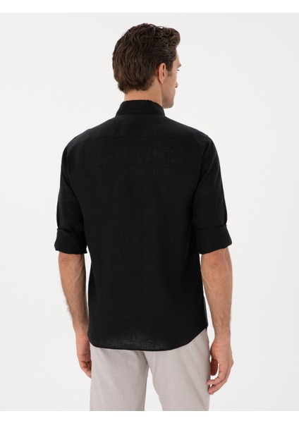 Erkek Siyah Regular Fit %100 Keten Gömlek 50303617-VR046