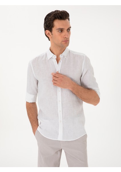 Erkek Beyaz Regular Fit %100 Keten Gömlek 50303617-VR013