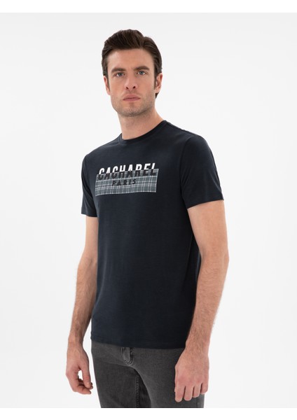 Erkek Siyah Slim Fit Bisiklet Yaka Desenli T-Shirt 50302274-VR046