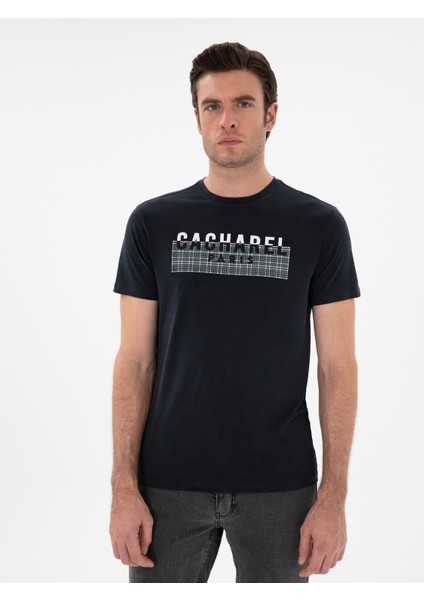 Erkek Siyah Slim Fit Bisiklet Yaka Desenli T-Shirt 50302274-VR046