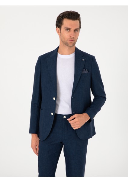 Erkek Lacivert Slim Fit %100 Keten Ceket 50306124-VR033