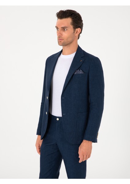 Erkek Lacivert Slim Fit %100 Keten Ceket 50306124-VR033