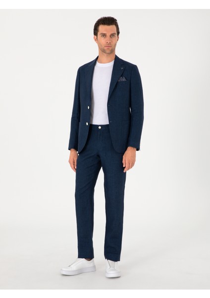 Erkek Lacivert Slim Fit %100 Keten Ceket 50306124-VR033