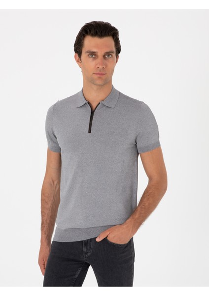 Erkek Gri Slim Fit Fermuarlı Polo Yaka Triko T-Shirt 50300817-VR024
